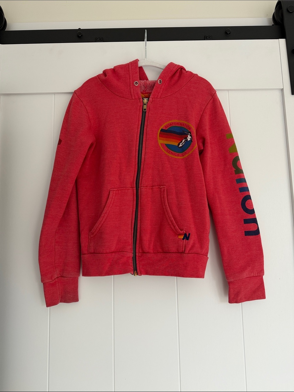 Aviator Nation Kids Coral Zip Hoodie with Rainbow Sleeve